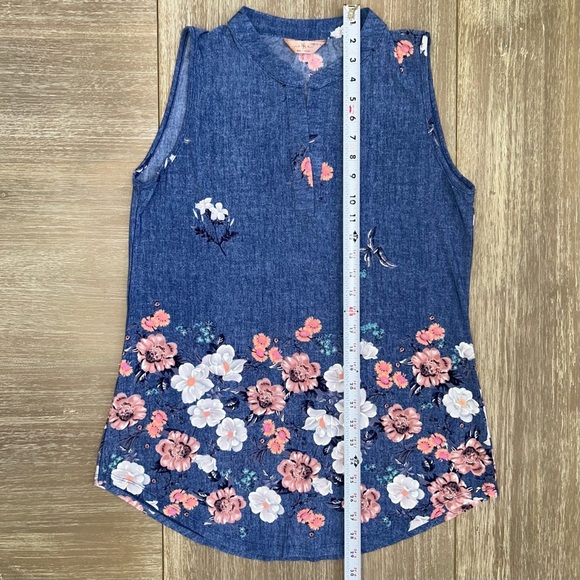 SJS Blue Floral Sleeveless Blouse Petite XL Summer Top Boutique Casual - Picture 11 of 11